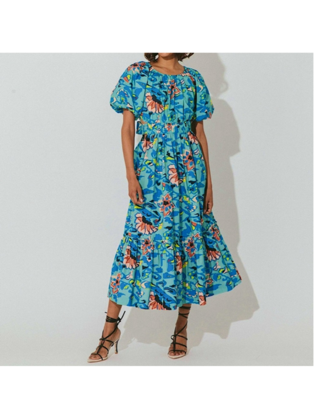 Cleobella Anthropologie Floral Puff Sleeve Cut Out Midi Dress Size XS Blue Pink